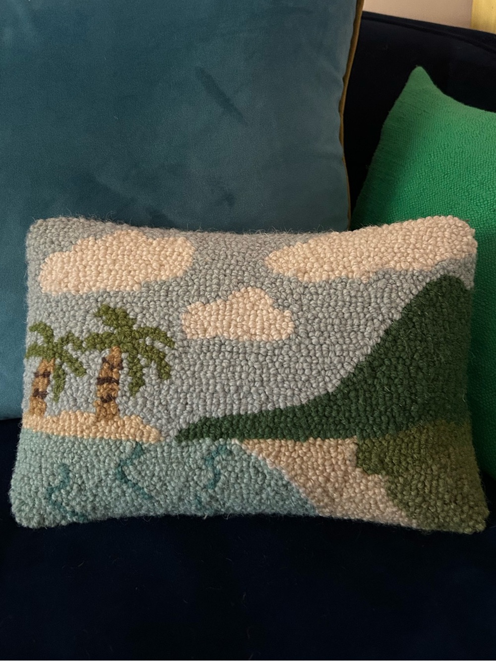 Vintage Coastal Palm Tree Island Hooked Needlepoint Lumbar Accent Pillow 8x12